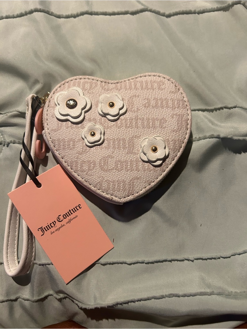 Juicy Couture Pink Heart Wristlet with Flower Appliqués